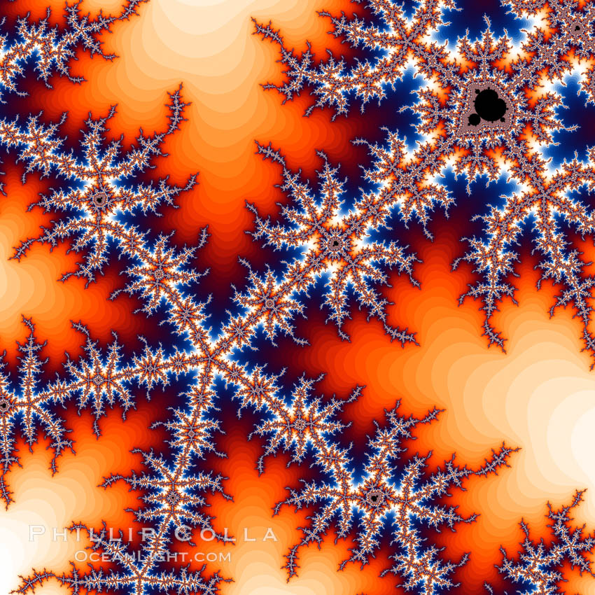 Detail within the Mandelbrot set fractal.  This detail is found by zooming in on the overall Mandelbrot set image, finding edges and buds with interesting features.  Fractals are complex geometric shapes that exhibit repeating patterns typified by <i>self-similarity</i>, or the tendency for the details of a shape to appear similar to the shape itself.  Often these shapes resemble patterns occurring naturally in the physical world, such as spiraling leaves, seemingly random coastlines, erosion and liquid waves.  Fractals are generated through surprisingly simple underlying mathematical expressions, producing subtle and surprising patterns.  The basic iterative expression for the Mandelbrot set is z = z-squared + c, operating in the complex (real, imaginary) number set., Mandelbrot set, natural history stock photograph, photo id 10403