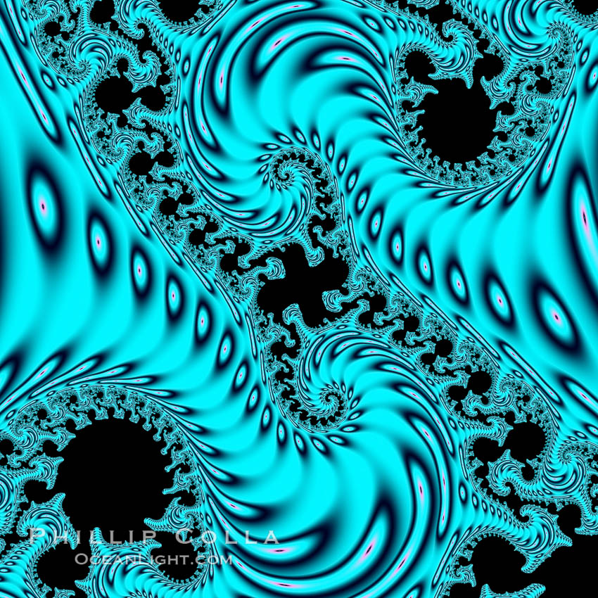 Detail within the Mandelbrot set fractal.  This detail is found by zooming in on the overall Mandelbrot set image, finding edges and buds with interesting features.  Fractals are complex geometric shapes that exhibit repeating patterns typified by <i>self-similarity</i>, or the tendency for the details of a shape to appear similar to the shape itself.  Often these shapes resemble patterns occurring naturally in the physical world, such as spiraling leaves, seemingly random coastlines, erosion and liquid waves.  Fractals are generated through surprisingly simple underlying mathematical expressions, producing subtle and surprising patterns.  The basic iterative expression for the Mandelbrot set is z = z-squared + c, operating in the complex (real, imaginary) number set., Mandelbrot set, natural history stock photograph, photo id 10411