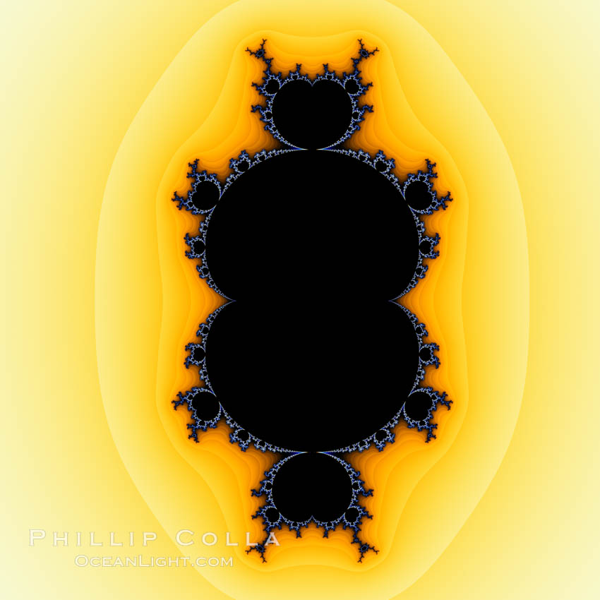 Detail within the Mandelbrot set fractal.  This detail is found by zooming in on the overall Mandelbrot set image, finding edges and buds with interesting features.  Fractals are complex geometric shapes that exhibit repeating patterns typified by <i>self-similarity</i>, or the tendency for the details of a shape to appear similar to the shape itself.  Often these shapes resemble patterns occurring naturally in the physical world, such as spiraling leaves, seemingly random coastlines, erosion and liquid waves.  Fractals are generated through surprisingly simple underlying mathematical expressions, producing subtle and surprising patterns.  The basic iterative expression for the Mandelbrot set is z = z-squared + c, operating in the complex (real, imaginary) number set., Mandelbrot set, natural history stock photograph, photo id 10415