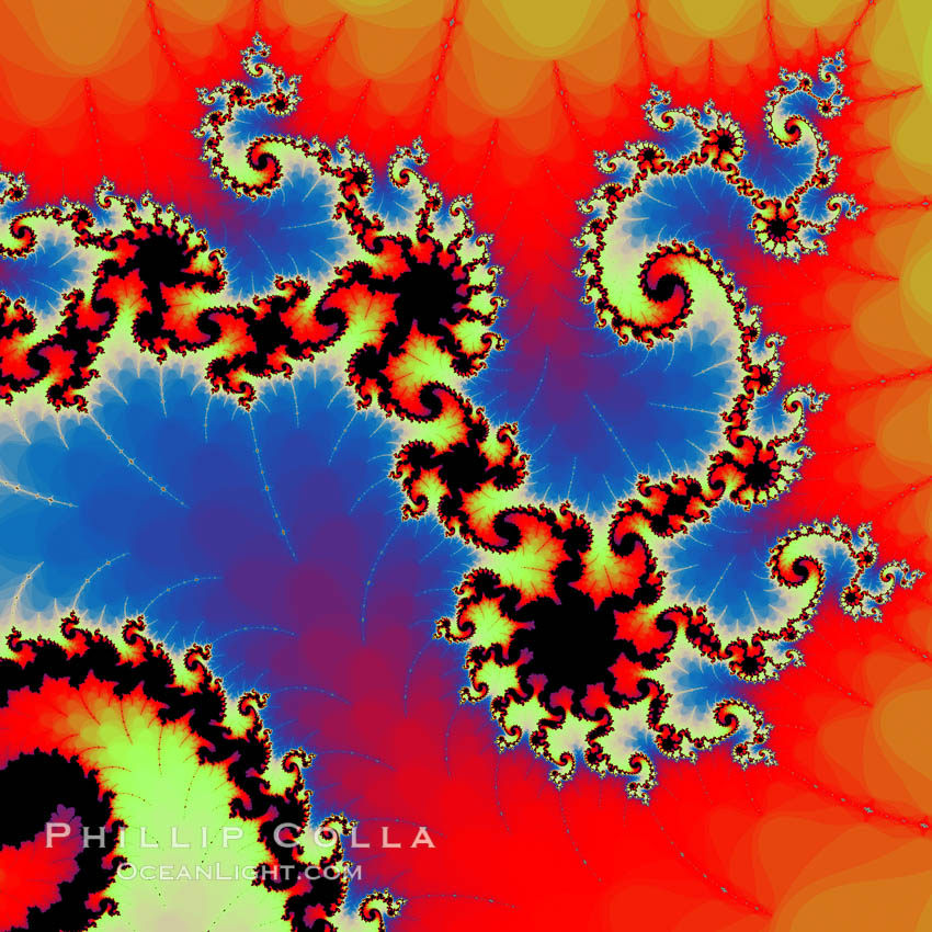 Detail within the Mandelbrot set fractal.  This detail is found by zooming in on the overall Mandelbrot set image, finding edges and buds with interesting features.  Fractals are complex geometric shapes that exhibit repeating patterns typified by <i>self-similarity</i>, or the tendency for the details of a shape to appear similar to the shape itself.  Often these shapes resemble patterns occurring naturally in the physical world, such as spiraling leaves, seemingly random coastlines, erosion and liquid waves.  Fractals are generated through surprisingly simple underlying mathematical expressions, producing subtle and surprising patterns.  The basic iterative expression for the Mandelbrot set is z = z-squared + c, operating in the complex (real, imaginary) number set., Mandelbrot set, natural history stock photograph, photo id 10393