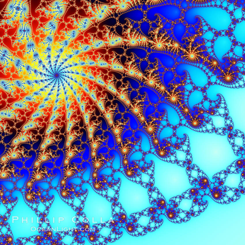 Detail within the Mandelbrot set fractal.  This detail is found by zooming in on the overall Mandelbrot set image, finding edges and buds with interesting features.  Fractals are complex geometric shapes that exhibit repeating patterns typified by <i>self-similarity</i>, or the tendency for the details of a shape to appear similar to the shape itself.  Often these shapes resemble patterns occurring naturally in the physical world, such as spiraling leaves, seemingly random coastlines, erosion and liquid waves.  Fractals are generated through surprisingly simple underlying mathematical expressions, producing subtle and surprising patterns.  The basic iterative expression for the Mandelbrot set is z = z-squared + c, operating in the complex (real, imaginary) number set., Mandelbrot set, natural history stock photograph, photo id 10401