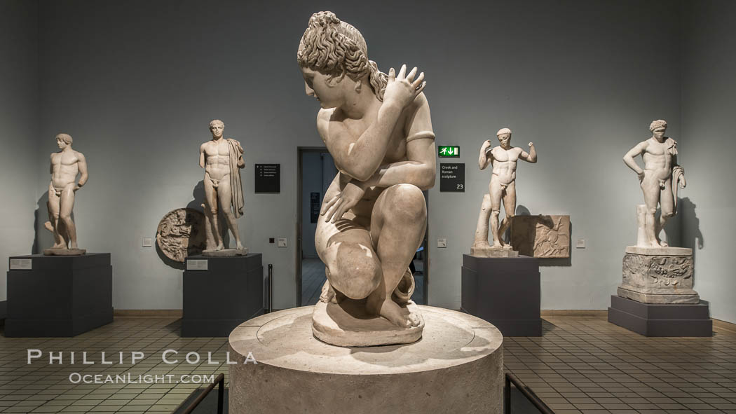 Marble statue of a naked Aphrodite crouching at her bath, Roman, 2nd century AD. British Museum, London, United Kingdom, natural history stock photograph, photo id 28310