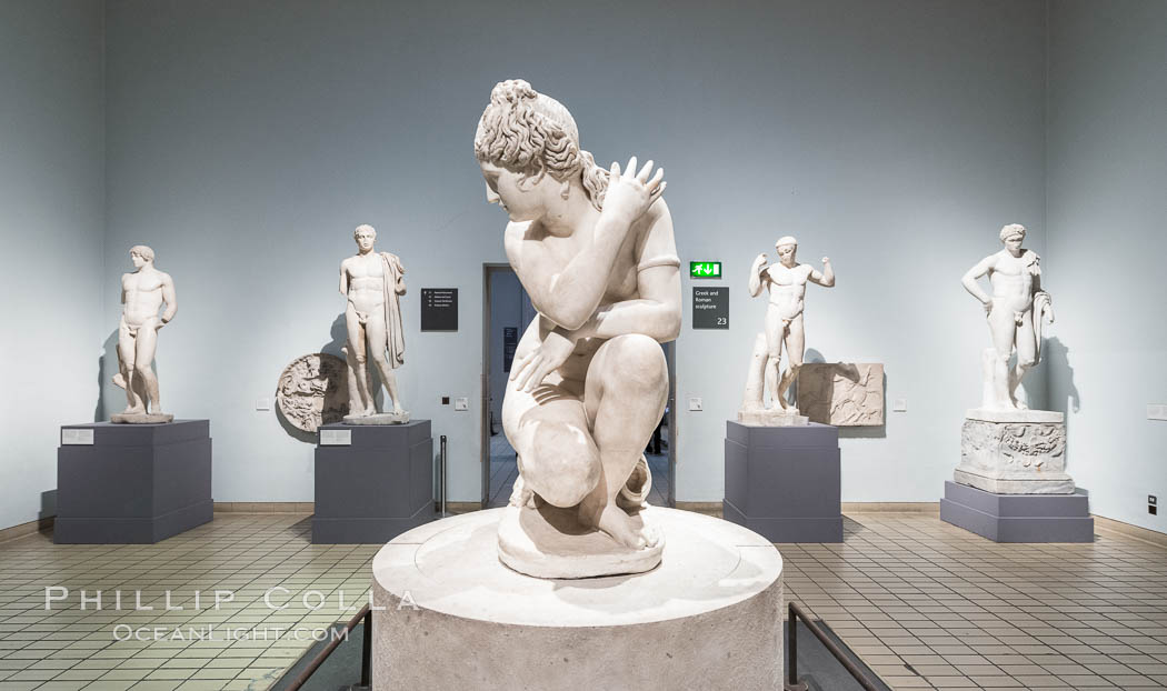 Marble statue of a naked Aphrodite crouching at her bath, Roman, 2nd century AD. British Museum, London, United Kingdom, natural history stock photograph, photo id 28315