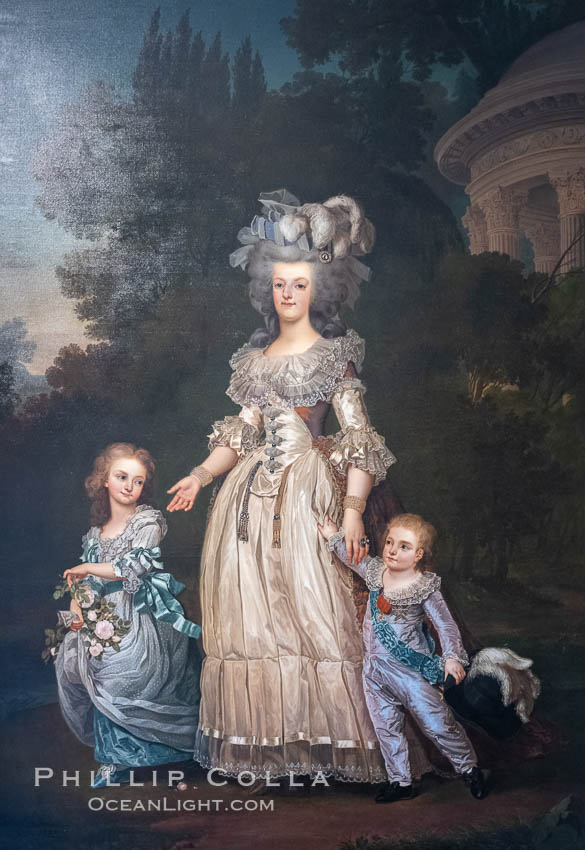 Marie Antoinette with her two eldest children, Marie-Thrse Charlotte and the Dauphin Louis Joseph, in the Petit Trianons gardens, by Adolf Ulrik Wertmller, Chateau de Versailles, Paris. France, natural history stock photograph, photo id 35625