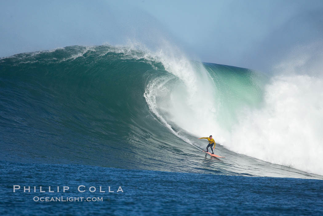 2006 Mavericks surf contest champion Grant Twiggy Baker of South Africa catches one of his many great waves of the day, this one in the first round.  Mavericks surf contest, February 7, 2006. Half Moon Bay, California, USA, natural history stock photograph, photo id 15368