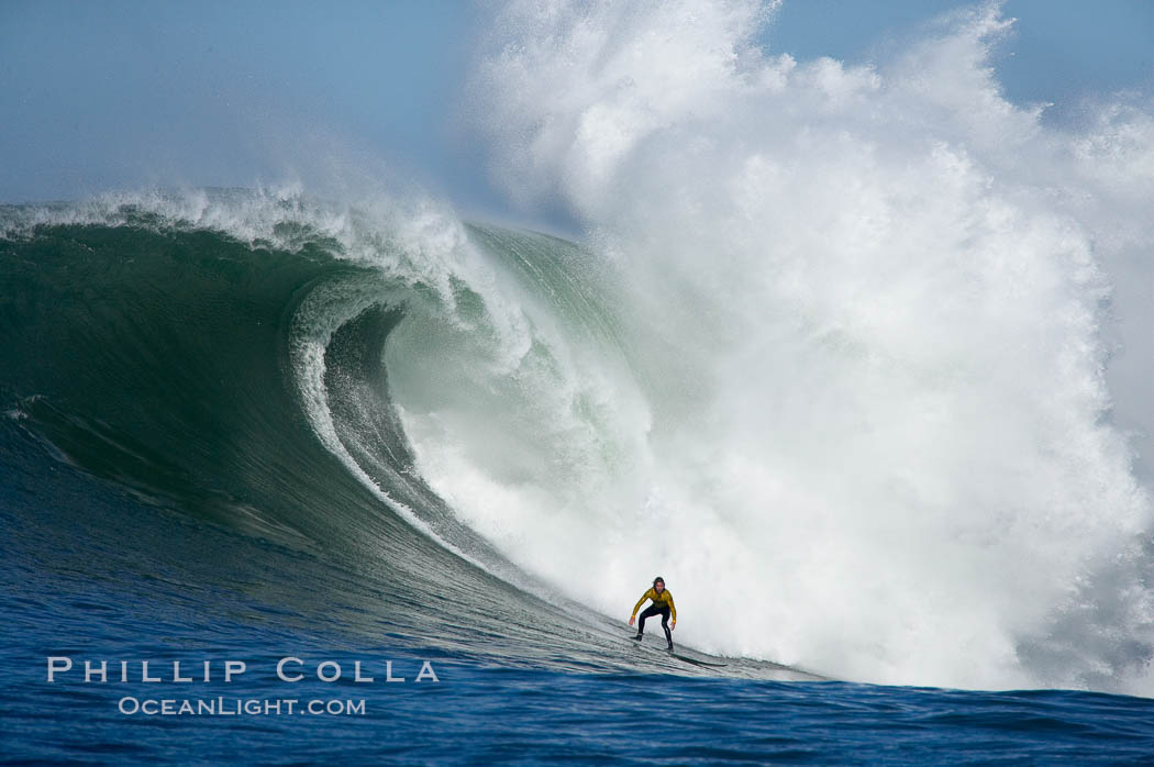 2006 Mavericks surf contest champion Grant Twiggy Baker of South Africa catches one of his many great waves of the day, this one in the first round.  Check out the huge bounce lifting up behind him, heavy.  Mavericks surf contest, February 7, 2006. Half Moon Bay, California, USA, natural history stock photograph, photo id 15307