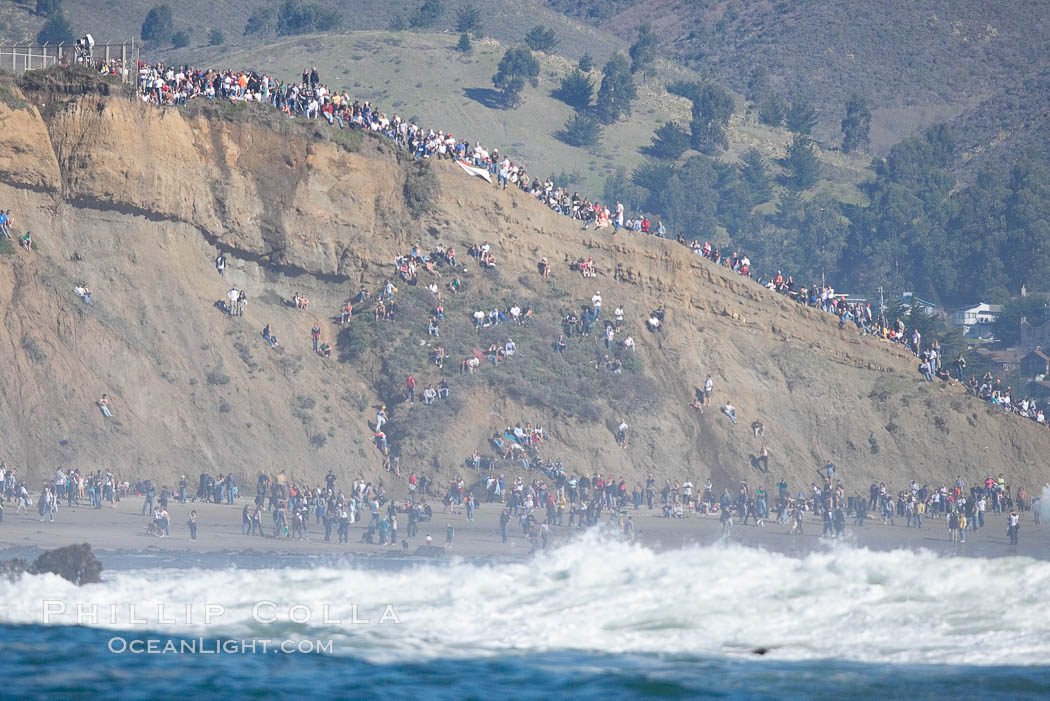 Mavericks surf contest crowd enjoys the sun and warm weather on the Pillar Point cliffs, February 7, 2006. Half Moon Bay, California, USA, natural history stock photograph, photo id 15343