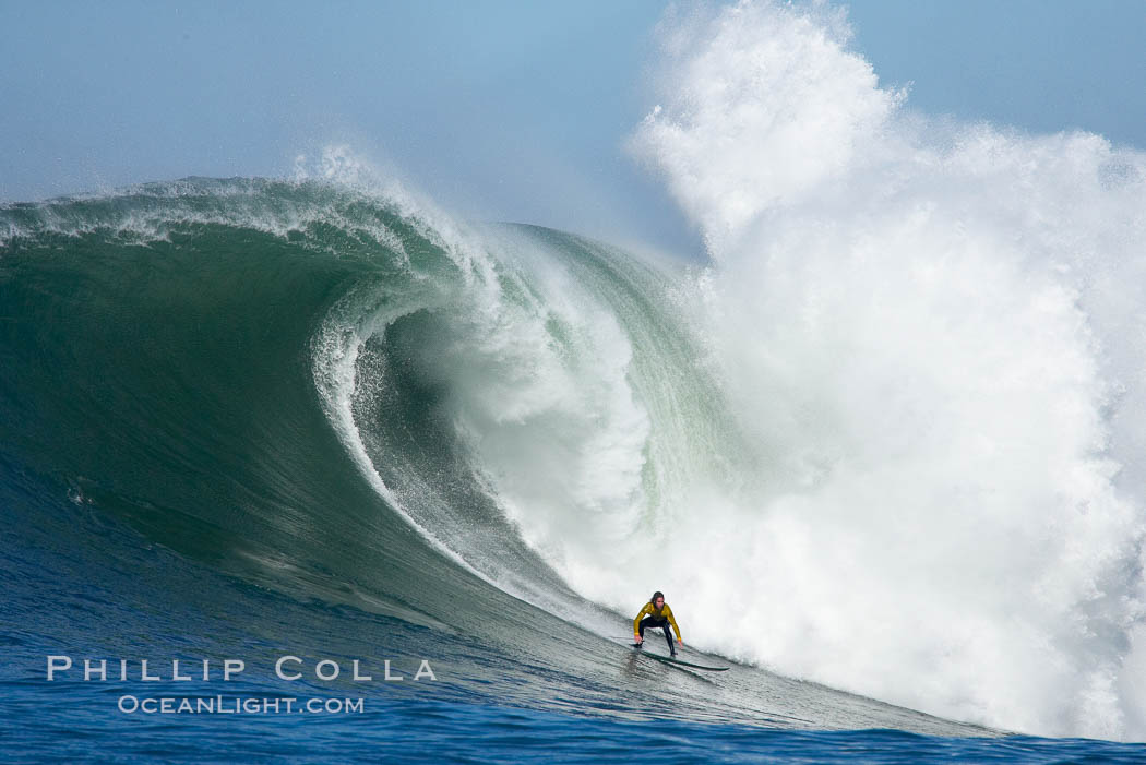 2006 Mavericks surf contest champion Grant Twiggy Baker of South Africa catches one of his many great waves of the day, this one in the first round.  Check out the huge bounce lifting up behind him, heavy.  Mavericks surf contest, February 7, 2006. Half Moon Bay, California, USA, natural history stock photograph, photo id 15321