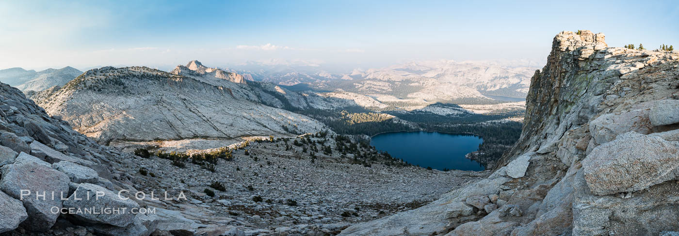 May Lake from Summit of Mount Hoffmann, sunset, viewed toward northeast including Tuolumne Meadows, panorama, Yosemite National Park. California, USA, natural history stock photograph, photo id 31196