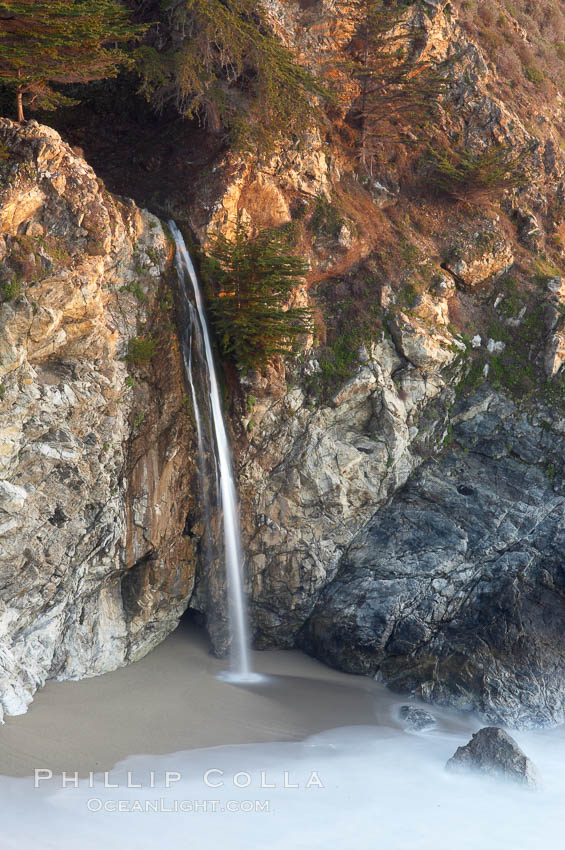 McWay Falls drops 80 feet on the sand in McWay Cove. McWay Falls is fed by springs so falls year round, Julia Pfeiffer Burns State Park, Big Sur, California