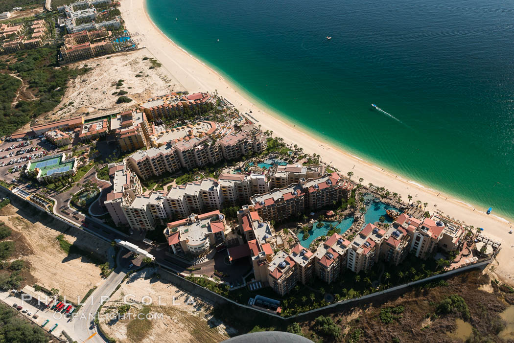 Aerial view of Medano Beach in Cabo San Lucas, showing many resorts along the long white sand beach. Baja California, Mexico, natural history stock photograph, photo id 28880
