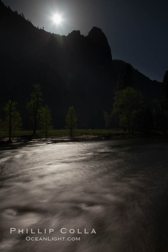 Merced River and full moon. Yosemite National Park, California, USA, natural history stock photograph, photo id 27760