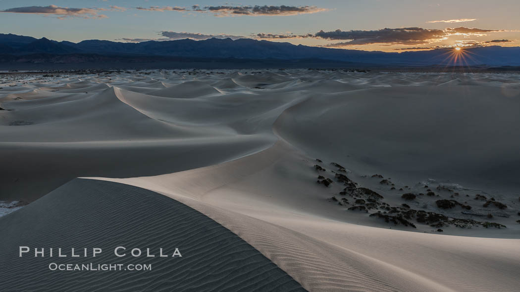 Mesquite Dunes at sunrise, dawn, clouds and morning sky, sand dunes, Death Valley National Park, California