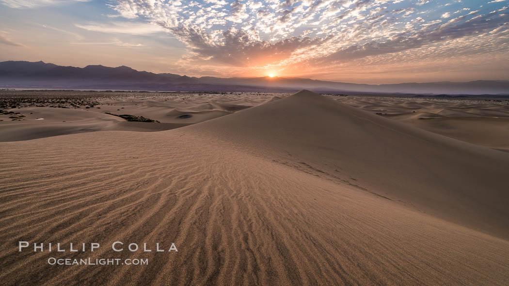 Mesquite Dunes sunrise, dawn, clouds and morning sky, sand dunes. Stovepipe Wells, Death Valley National Park, California, USA, natural history stock photograph, photo id 28689