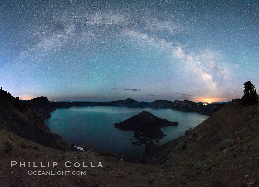 Milky Way and stars over Crater Lake at night. Panorama of Crater Lake and Wizard Island at night, Crater Lake National Park. Oregon, USA, natural history stock photograph, photo id 28638