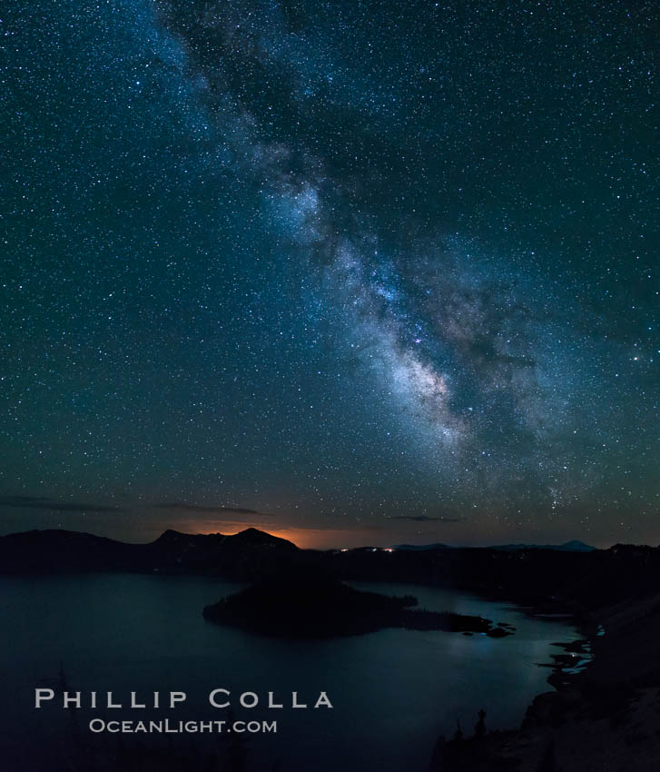 Milky Way and stars over Crater Lake at night. Panorama of Crater Lake and Wizard Island at night, Crater Lake National Park. Oregon, USA, natural history stock photograph, photo id 28642
