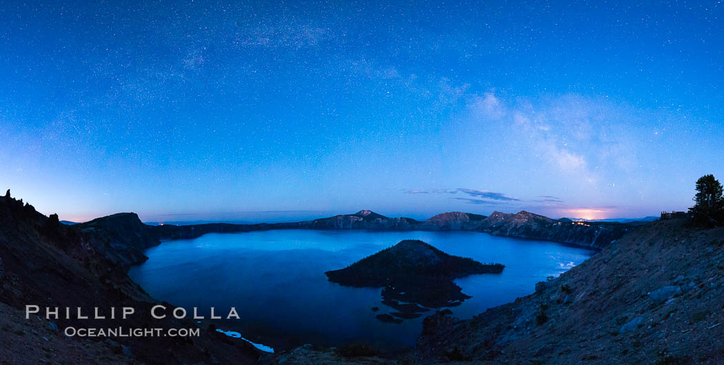Milky Way and stars over Crater Lake at night. Panorama of Crater Lake and Wizard Island at night, Crater Lake National Park. Oregon, USA, natural history stock photograph, photo id 28637