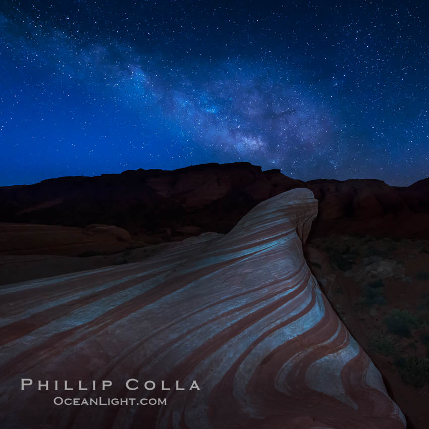 Milky Way galaxy rises above the Fire Wave, Valley of Fire State Park. Nevada, USA, natural history stock photograph, photo id 28427