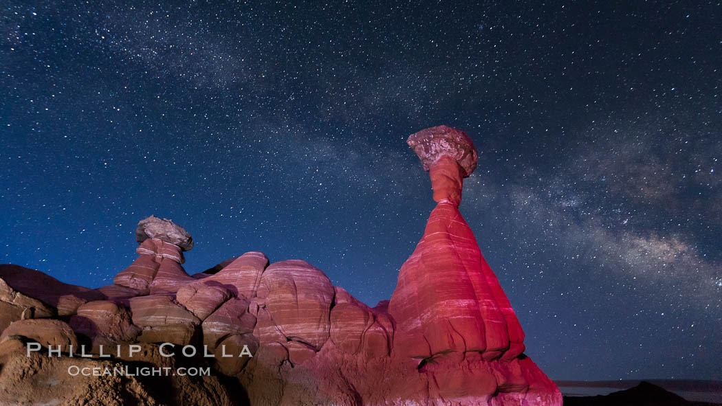 The Milky Way rises in the sky above the Toadstool Hoodoos near the Paria Rimrocks. Rimrock Hoodoos, Grand Staircase - Escalante National Monument, Utah