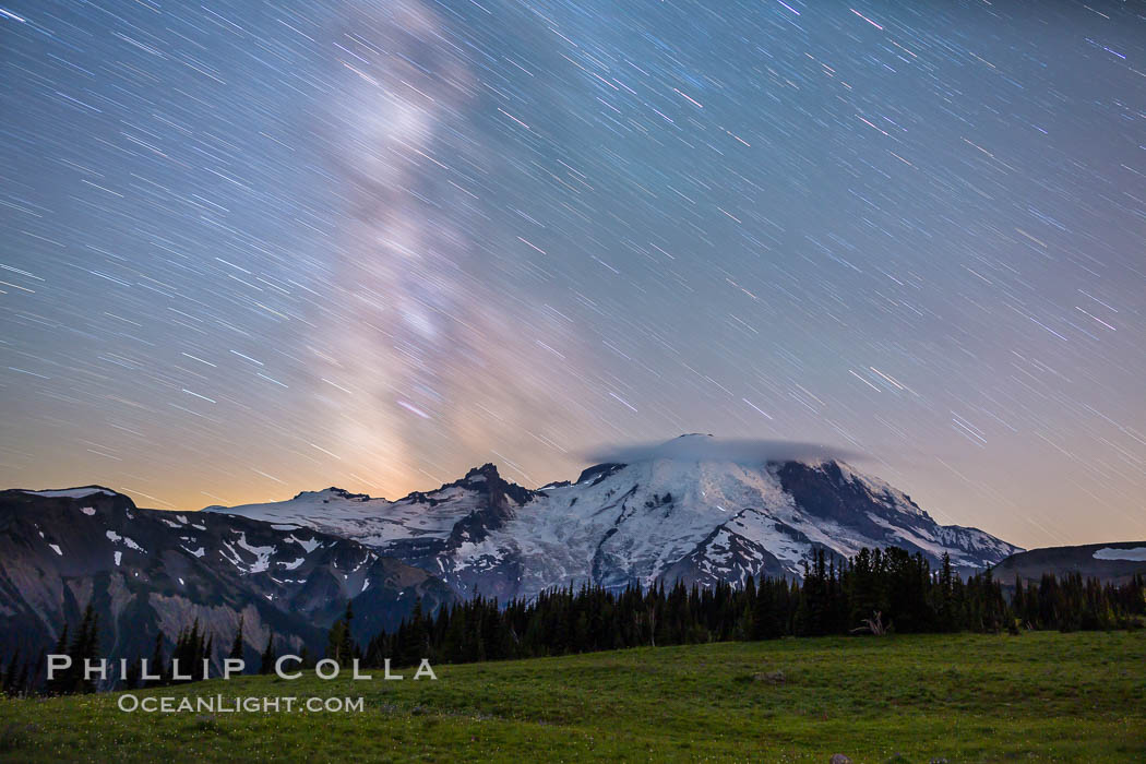 Milky Way and stars at night above Mount Rainier, Sunrise, Mount Rainier National Park, Washington