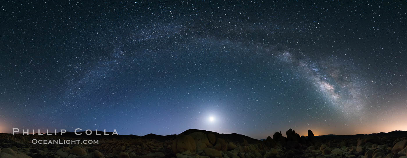 Joshua Tree National Park, Milky Way and Moon, Shooting Star, Comet Panstarrs, Impending Dawn. California, USA, natural history stock photograph, photo id 28408