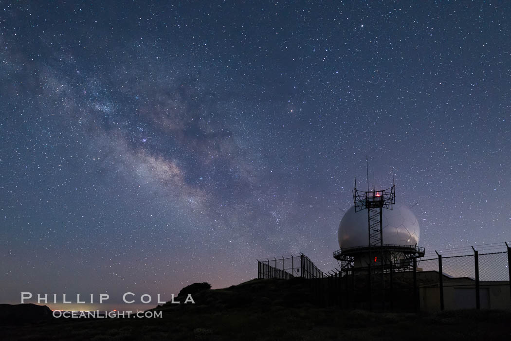 Milky Way over Mount Laguna FAA Radar Site, including ARSR-4 radome (radar dome)., natural history stock photograph, photo id 31044