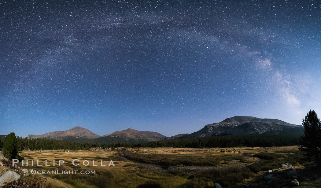 Milky Way over Tuolumne Meadows, Mount Dana (left), Mount Gibbs (center), Mammoth Peak and Kuna Crest (right), Dana Fork of the Tuolumne River. Yosemite National Park, California, USA, natural history stock photograph, photo id 31180