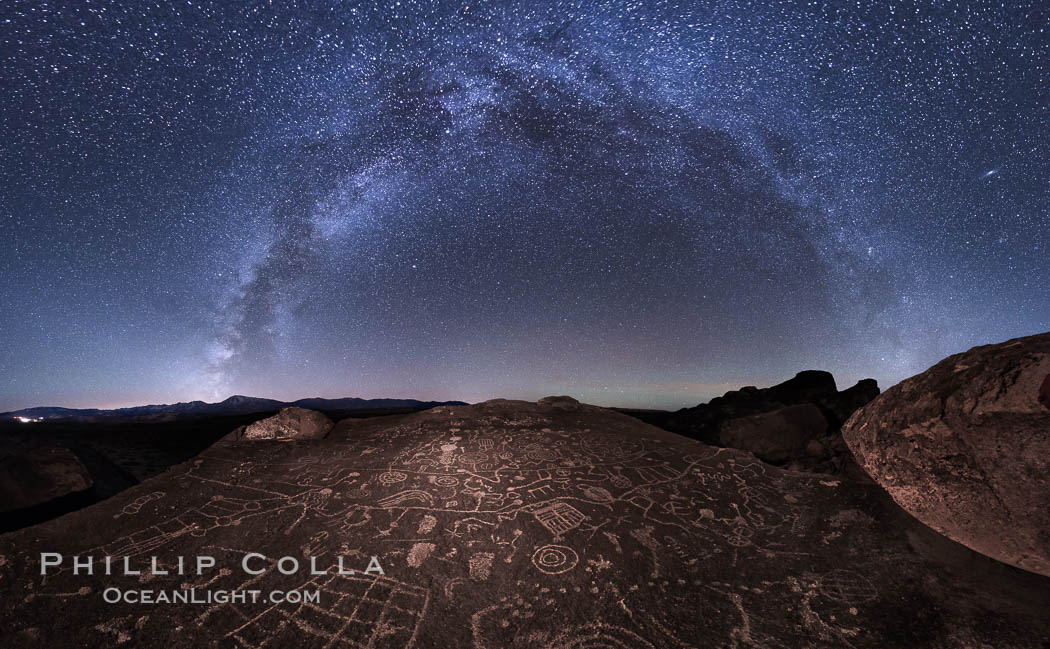 The Milky Way at Night over Sky Rock. Sky Rock petroglyphs near Bishop, California. Hidden atop an enormous boulder in the Volcanic Tablelands lies Sky Rock, a set of petroglyphs that face the sky. These superb examples of native American petroglyph artwork are thought to be Paiute in origin, but little is known about them