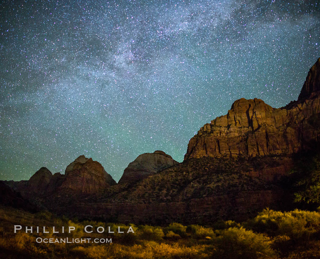 Milky Way over the Watchman, Zion National Park.  The Milky Way galaxy rises in the night sky above the the Watchman. Utah, USA, natural history stock photograph, photo id 28592