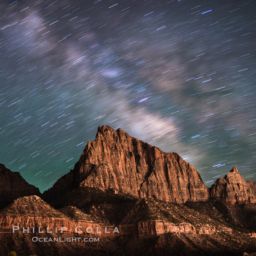 Milky Way over the Watchman, Zion National Park. The Milky Way galaxy rises in the night sky above the the Watchman