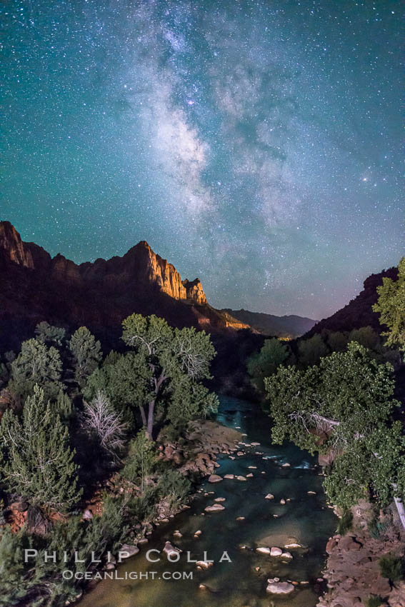 Milky Way over the Watchman, Zion National Park.  The Milky Way galaxy rises in the night sky above the the Watchman. Utah, USA, natural history stock photograph, photo id 28595
