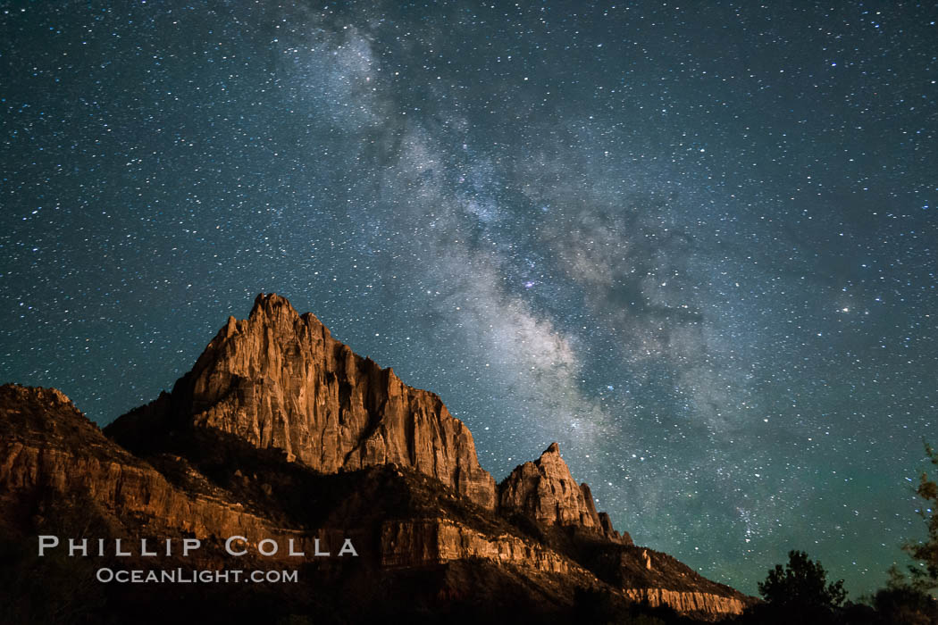 Milky Way over the Watchman, Zion National Park.  The Milky Way galaxy rises in the night sky above the the Watchman. Utah, USA, natural history stock photograph, photo id 28593