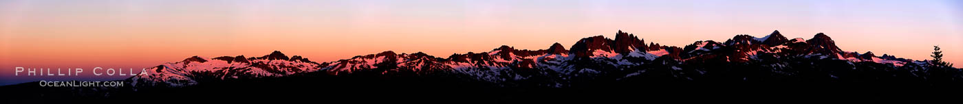 Panorama of the Minarets at sunrise, near Mammoth Mountain.  The Minarets are a series of seventeen jagged peaks in the Ritter Range, west of Mammoth Mountain in the Ansel Adams Wilderness.  These basalt peaks were carved by glaciers on both sides of the range.  The highest of the Minarets stands 12,281 feet above sea level. Mammoth Lakes, California, USA, natural history stock photograph, photo id 19126