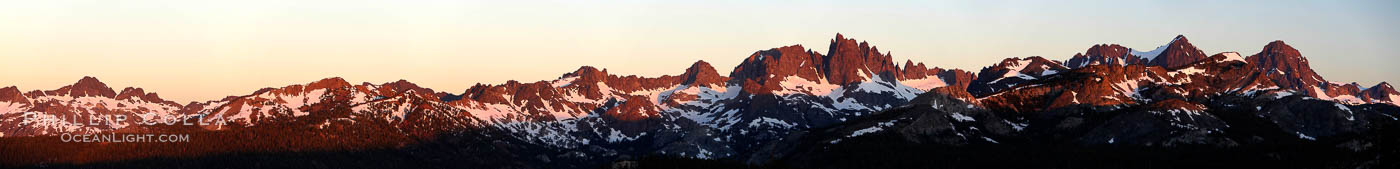 Panorama of the Minarets at sunrise, near Mammoth Mountain.  The Minarets are a series of seventeen jagged peaks in the Ritter Range, west of Mammoth Mountain in the Ansel Adams Wilderness.  These basalt peaks were carved by glaciers on both sides of the range.  The highest of the Minarets stands 12,281 feet above sea level. Mammoth Lakes, California, USA, natural history stock photograph, photo id 19123