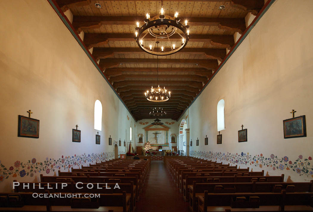 Mission San Luis Obispo del Tolosa, chapel interior.  Established in 1772, Mission San Luis Obispo de Tolosa is a Spanish mission founded by Junipero Serra, first president of the California missions.  It was the fifth in a chain of 21 missions stretching from San Diego to Sonoma.  Built by the Chumash indians living in the area, its combination of belfry and vestibule is unique among California missions.  In 1846 John C. Fremont and his California battalion quartered here while engaged in the war with Mexico. USA, natural history stock photograph, photo id 22230