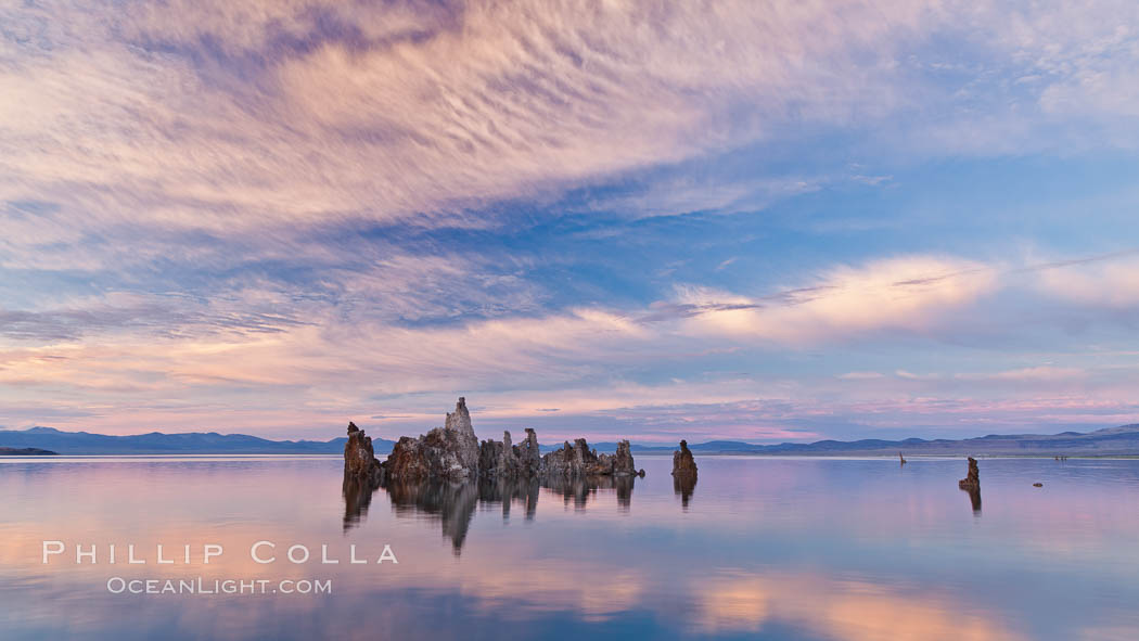 Mono Lake sunset, tufa and clouds reflected in the still waters of Mono Lake. California, USA, natural history stock photograph, photo id 27005