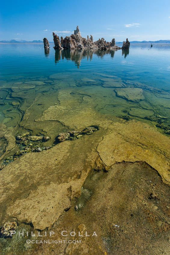 Tufa towers rise from Mono Lake. Tufa towers are formed when underwater springs rich in calcium mix with lakewater rich in carbonates, forming calcium carbonate (limestone) structures below the surface of the lake. The towers were eventually revealed when the water level in the lake was lowered starting in 1941. South tufa grove, Navy Beach