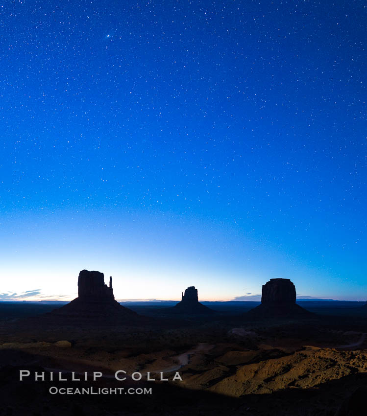 Monument Valley panorama, sunrise, dawn, stars in the sky. Arizona, USA, natural history stock photograph, photo id 28599
