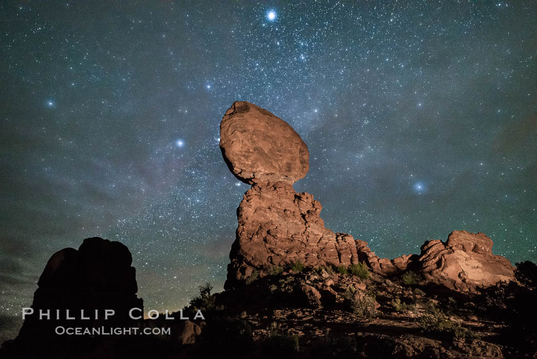 Moon and Stars over Balanced Rock, Arches National Park. Utah, USA, natural history stock photograph, photo id 29236