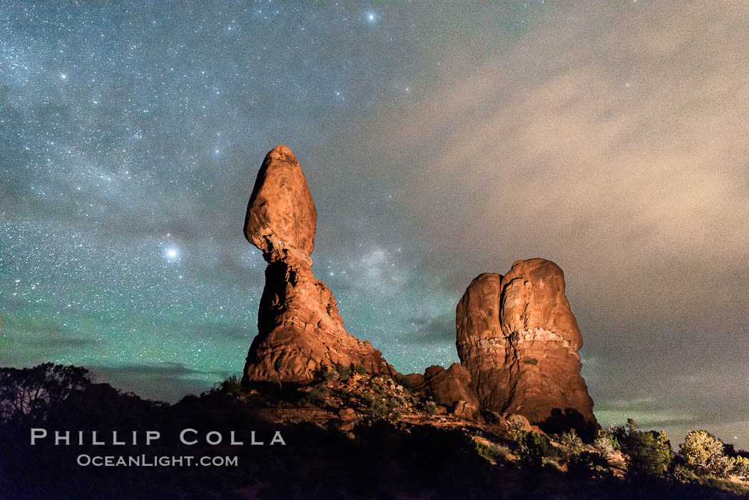 Moon and Stars over Balanced Rock, Arches National Park. Utah, USA, natural history stock photograph, photo id 29235