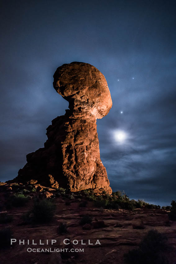 Moon and Stars over Balanced Rock, Arches National Park (Note: this image was created before a ban on light-painting in Arches National Park was put into effect.  Light-painting is no longer permitted in Arches National Park). Utah, USA, natural history stock photograph, photo id 29233
