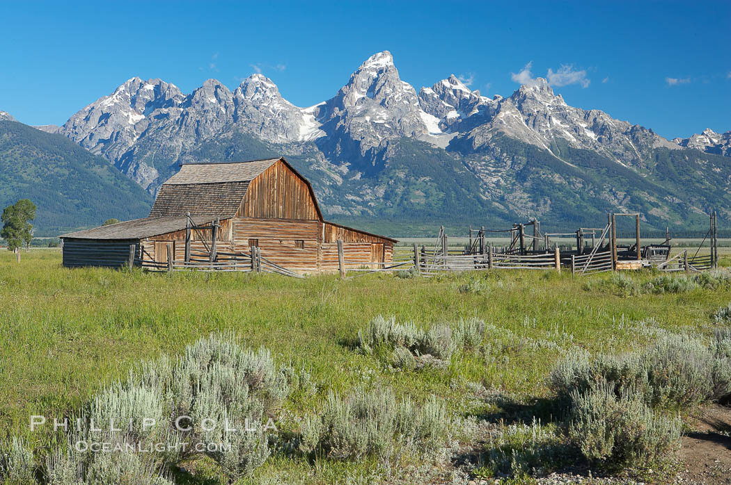 An old barn at Mormon Row is lit by the morning sun with the Teton Range rising in the distance, Grand Teton National Park, Wyoming