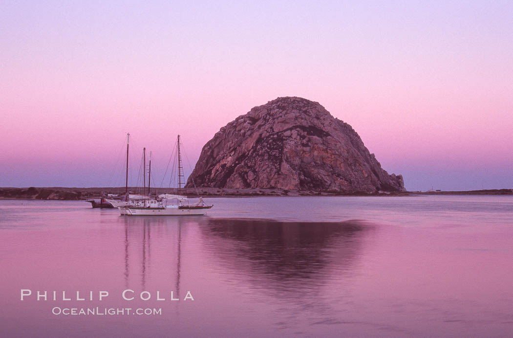 Morro Rock and Morro Bay, pink sky at dawn, sunrise. California, USA, natural history stock photograph, photo id 06440