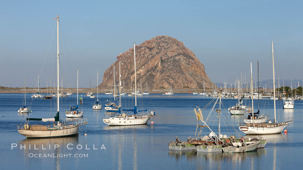 Morro Bay, boats and Morro Rock in the distance. California, USA, natural history stock photograph, photo id 22224