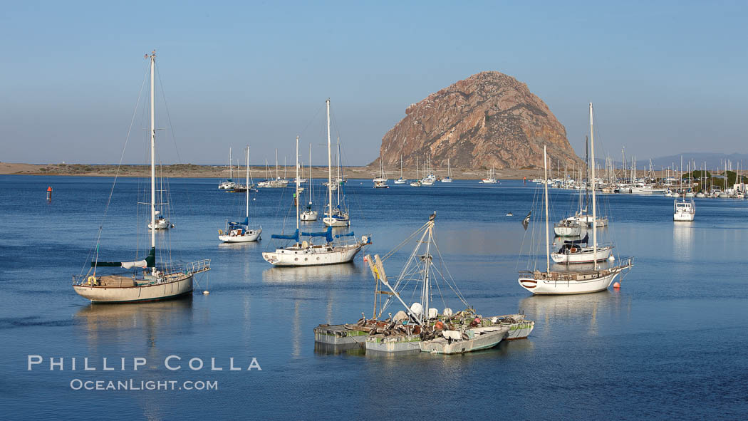 Morro Bay, boats and Morro Rock in the distance. California, USA, natural history stock photograph, photo id 22225