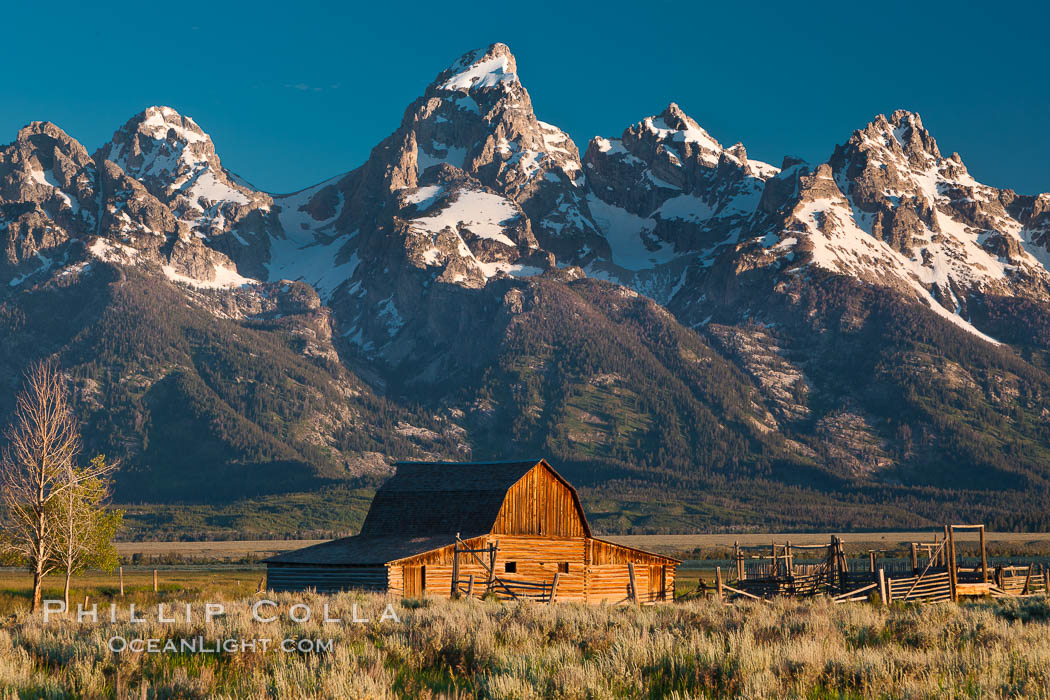 John Moulton barn at sunrise with Teton Range, on Mormon Row in Grand Teton National Park, Wyoming