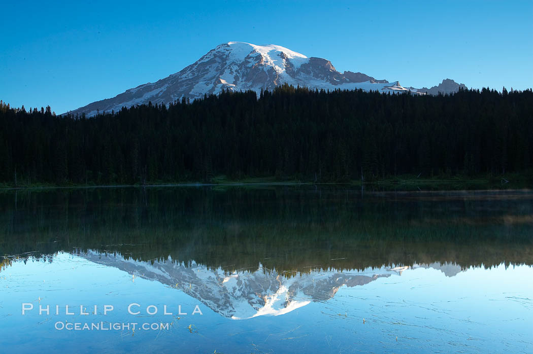 Mount Rainier is reflected in the calm waters of Reflection Lake, early morning. Mount Rainier National Park, Washington, USA, natural history stock photograph, photo id 13859