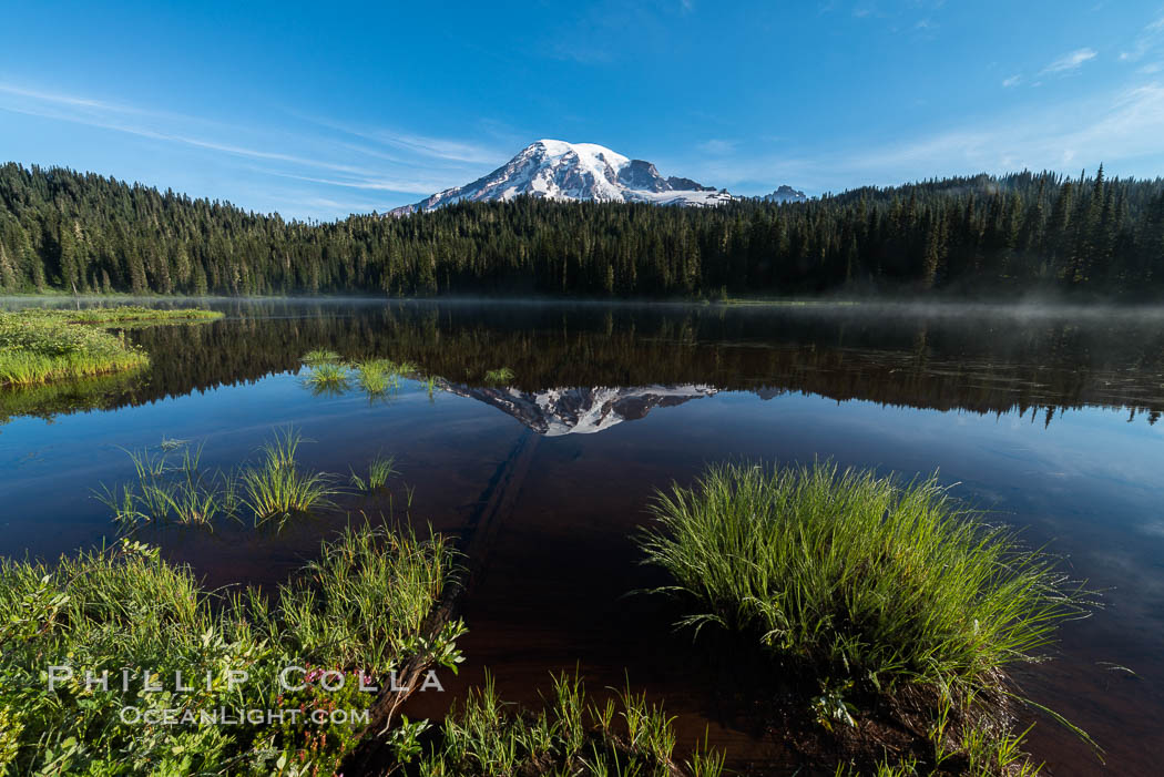 Mount Rainier is reflected in the calm waters of Reflection Lake, early morning. Mount Rainier National Park, Washington, USA, natural history stock photograph, photo id 28707