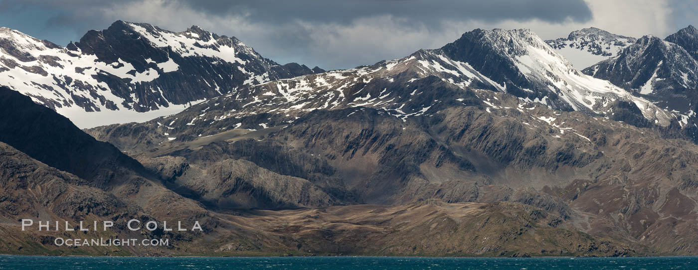 Mountains, glaciers and ocean, the rugged and beautiful topography of South Georgia Island, Grytviken