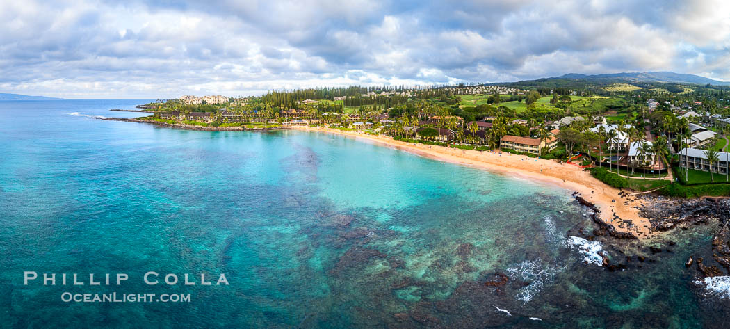 Napili Shores and Napili Beach, West Maui, Hawaii, aerial photo, sunset. USA, natural history stock photograph, photo id 38258